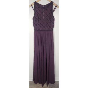 Adrianna Papell Women's Sz. 4 Illusion Beaded Top A Line Gown In Plum